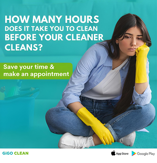 Tired-looking woman wearing yellow cleaning gloves, sitting cross-legged, with text encouraging readers to save time by making an appointment with a cleaning service.