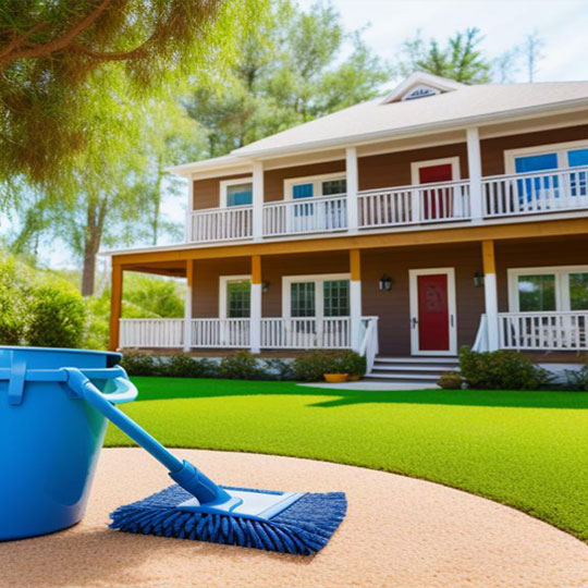 A blue mop and bucket on a clean outdoor patio in front of a vacation rental house with a porch, symbolizing thorough preparation for guests.