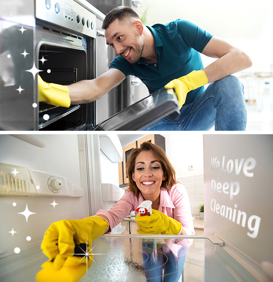 A man cleaning an oven with yellow gloves, and a woman deep cleaning a refrigerator shelf with a smile, emphasizing thorough and detailed home cleaning.