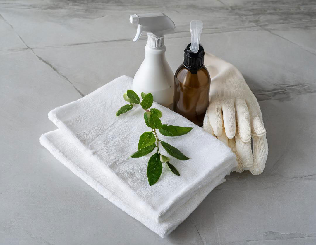 Eco-friendly cleaning supplies, including spray bottles, white towels, gloves, and a green plant leaf, symbolizing sustainable cleaning practices.