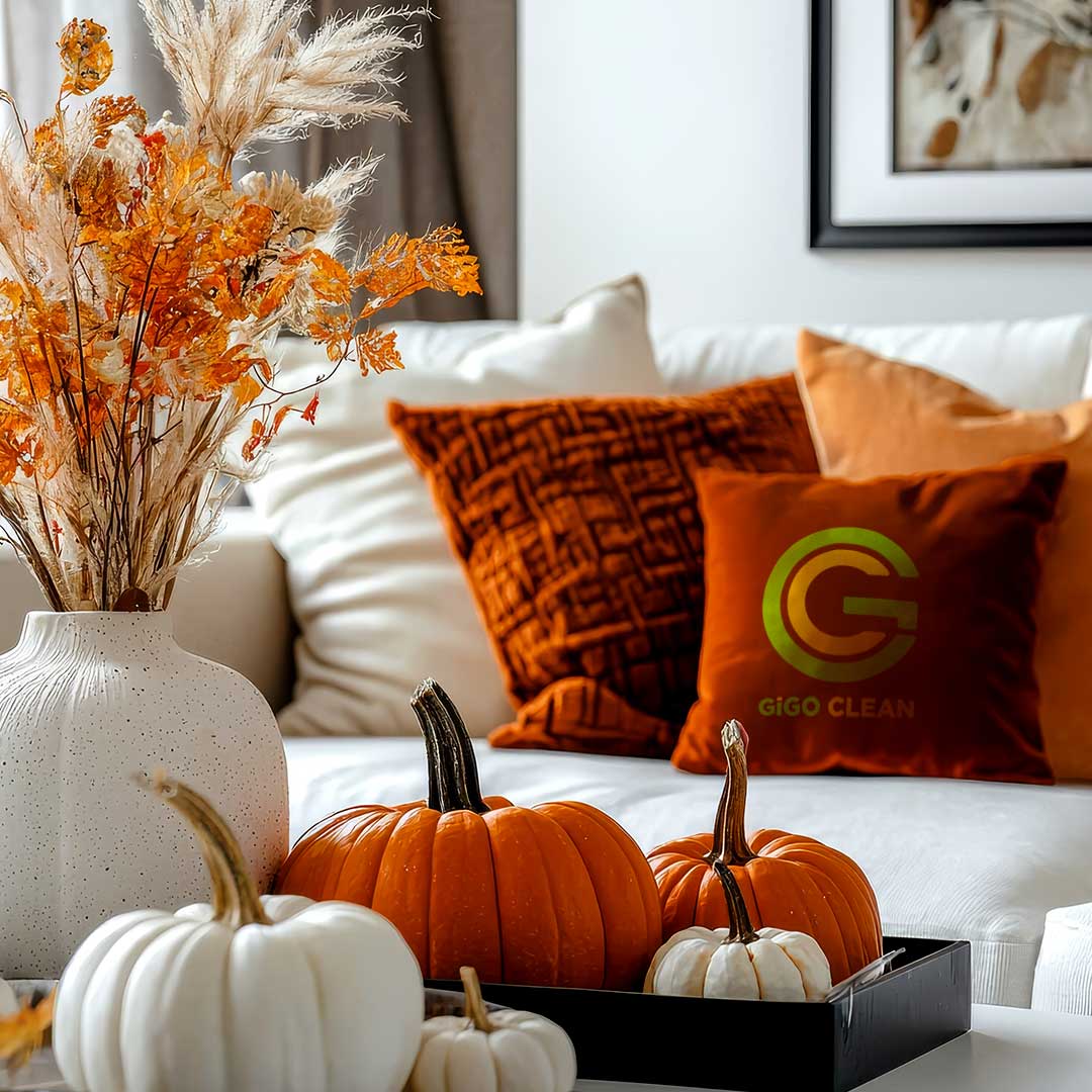Clean, cozy living room decorated for fall and Halloween, ready for gatherings thanks to GiGO Clean services