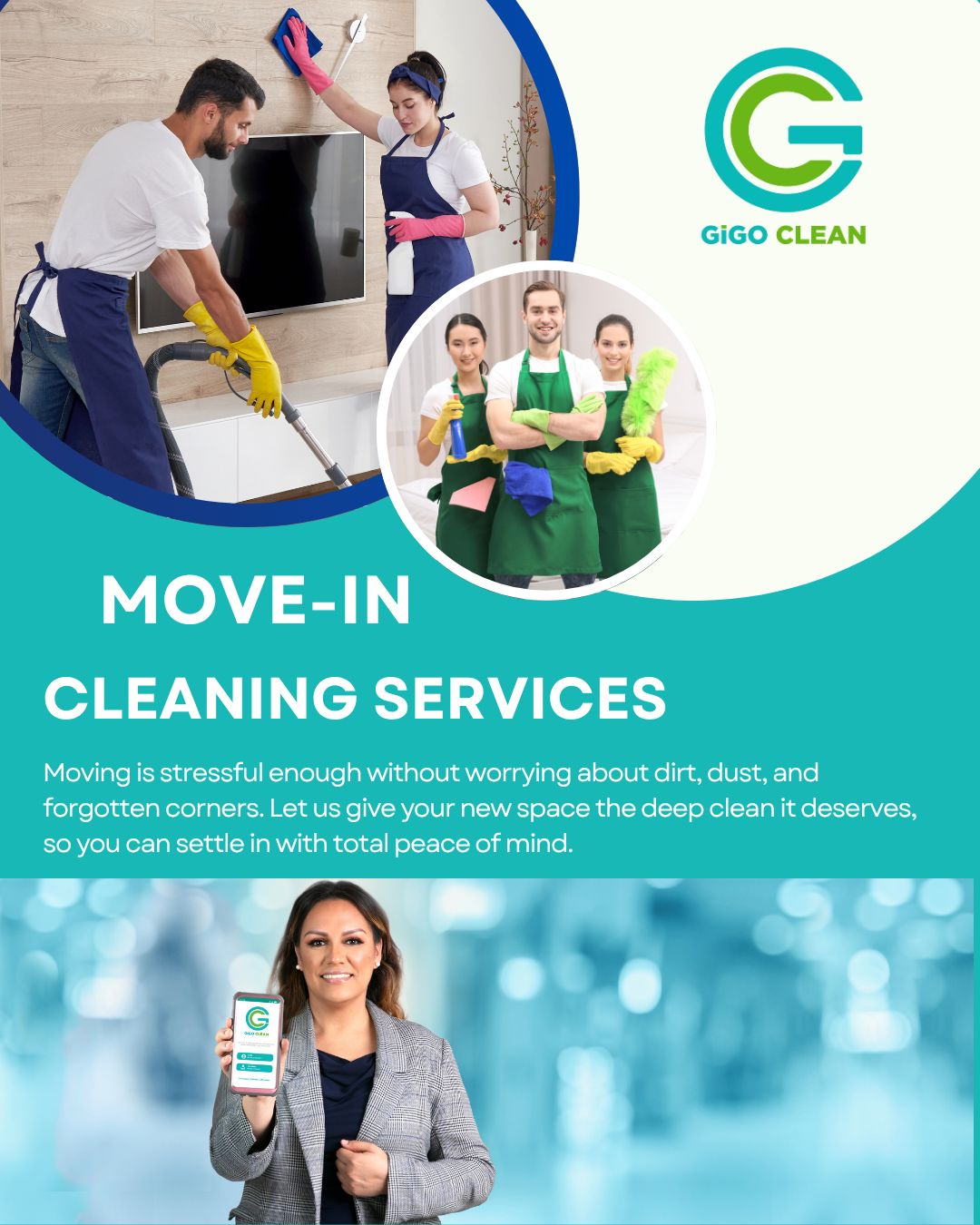 GiGO Clean flyer promoting Move-In Cleaning Services with cleaners and a woman holding a phone showing the GiGO logo.