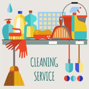 Colorful illustration of cleaning supplies including gloves, broom, sponge, bottles, bucket, and dustpan with text 'Cleaning Service'.
