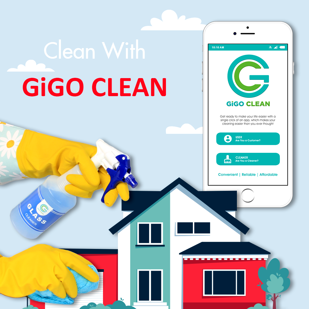 GiGO Clean ad showing cleaning gloves, spray bottle, house, and app on smartphone with text 'Clean with GiGO Clean'.