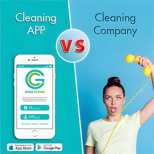 Split image showing a smartphone with the GiGO Clean app on one side and a frustrated woman holding a tangled yellow phone cord on the other side, with 'VS' in the middle.