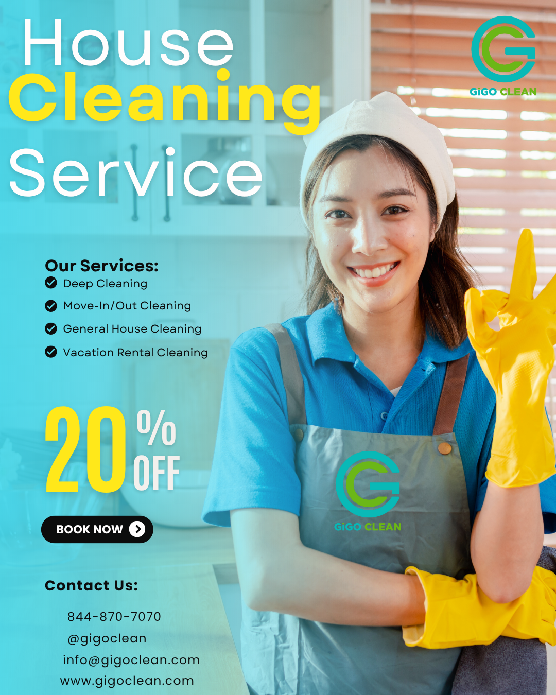 GiGO Clean house cleaning flyer promoting deep cleaning, move-in/move-out, and home cleaning services with 20% off.