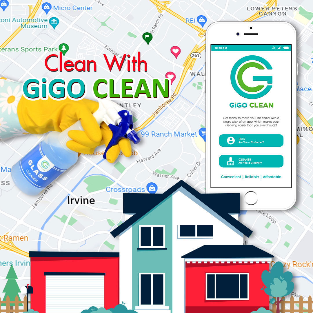 Illustration of a house on a map of Irvine, a smartphone displaying the GiGO Clean app, and a yellow-gloved hand holding a spray bottle.