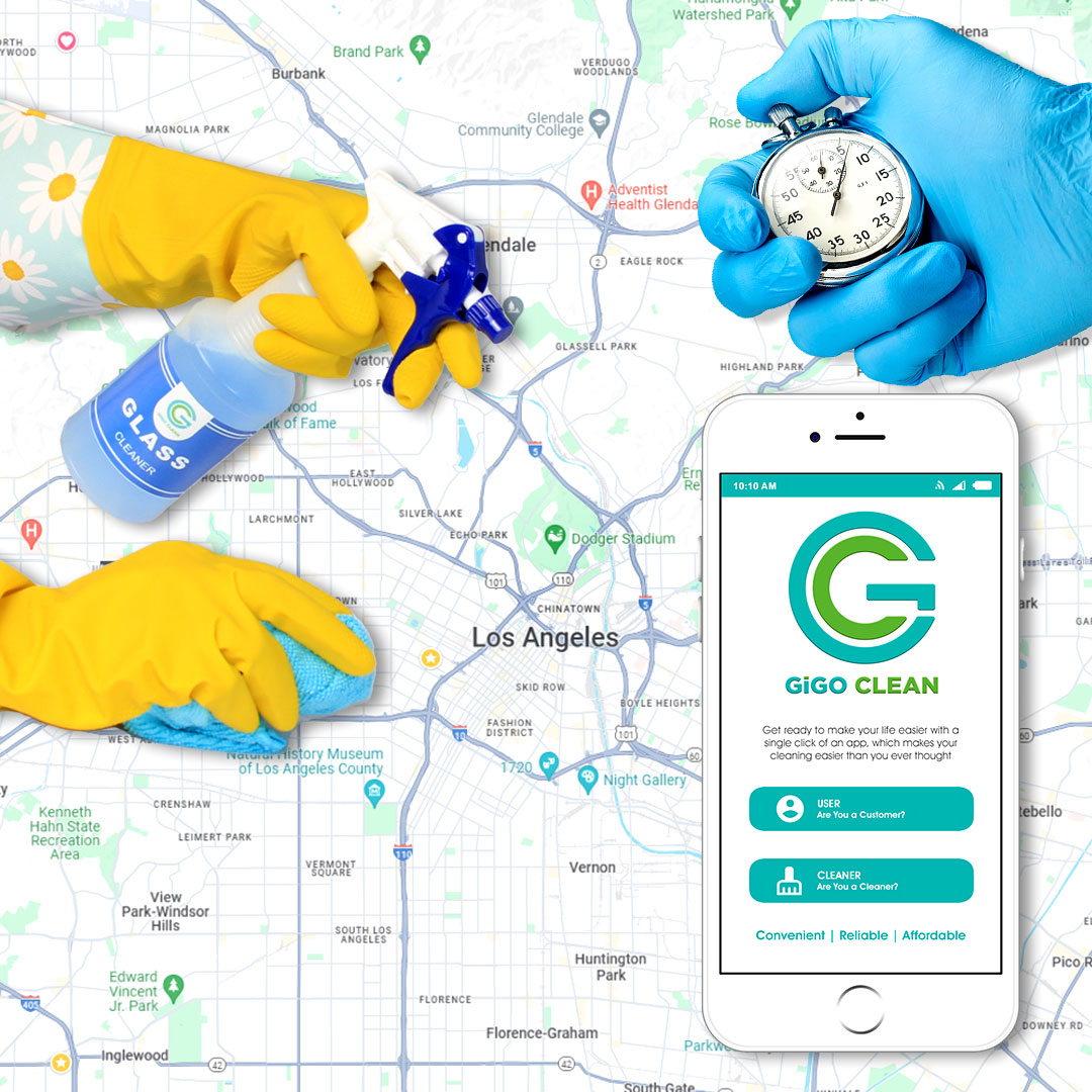 Map of Los Angeles with a smartphone showing the GiGO Clean app interface, a yellow glove holding a blue cleaning cloth, and a spray bottle in the corner.