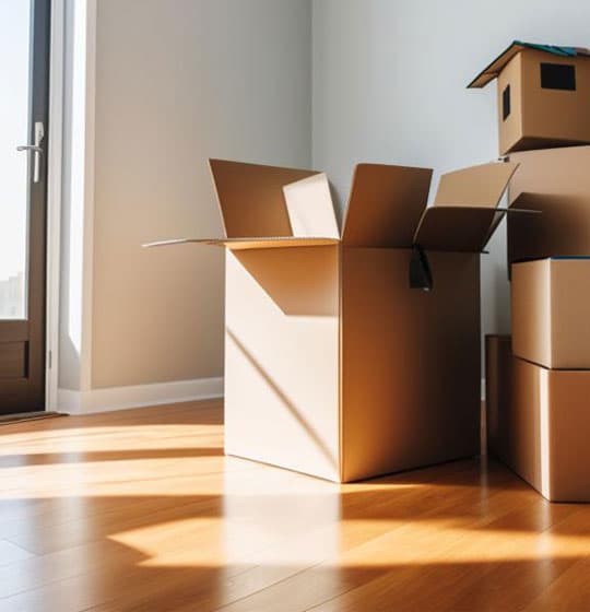Cardboard moving boxes stacked in a bright, clean, empty room with sunlight streaming onto a polished wooden floor.