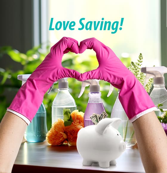 Hands wearing pink rubber gloves forming a heart shape above a piggy bank and cleaning spray bottles, symbolizing saving money while cleaning.