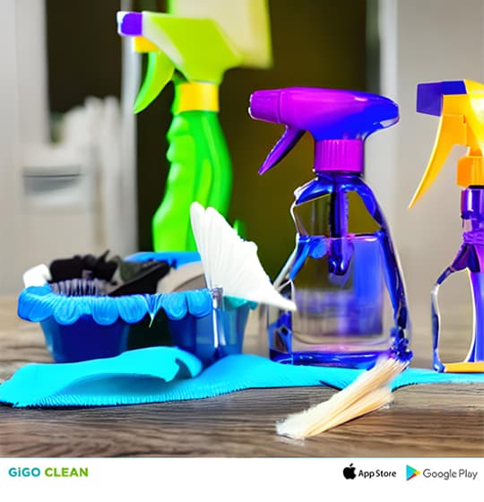 Assorted colorful spray bottles, cleaning cloths, and brushes arranged on a table, ready for house cleaning.
