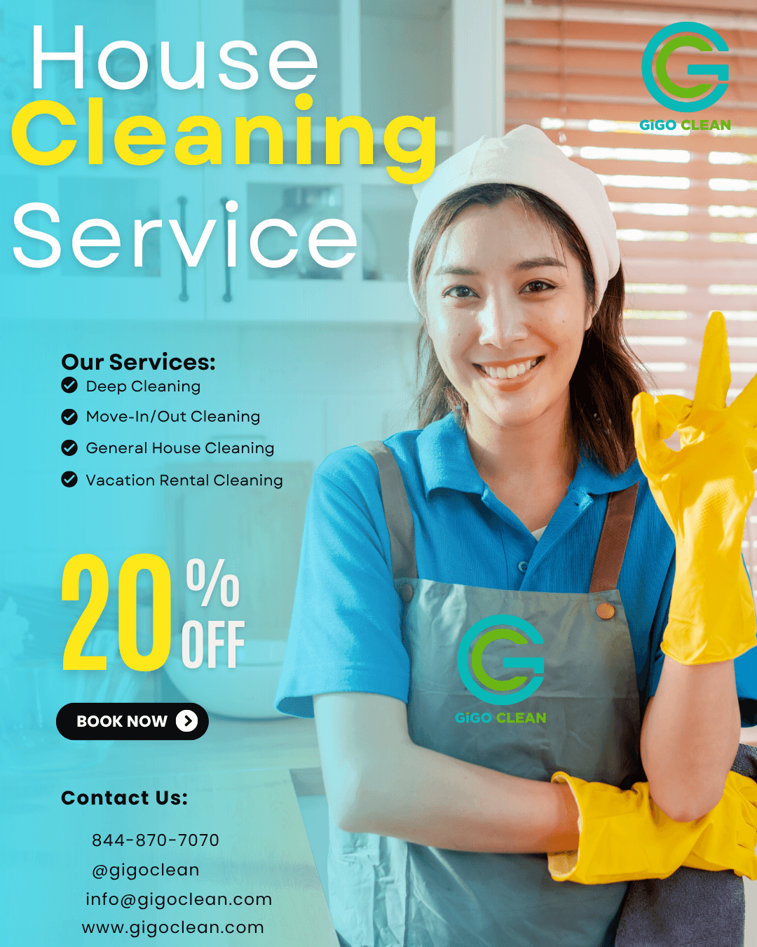GiGO Clean house cleaning flyer promoting deep cleaning, move-in/move-out, and home cleaning services with 20% off.