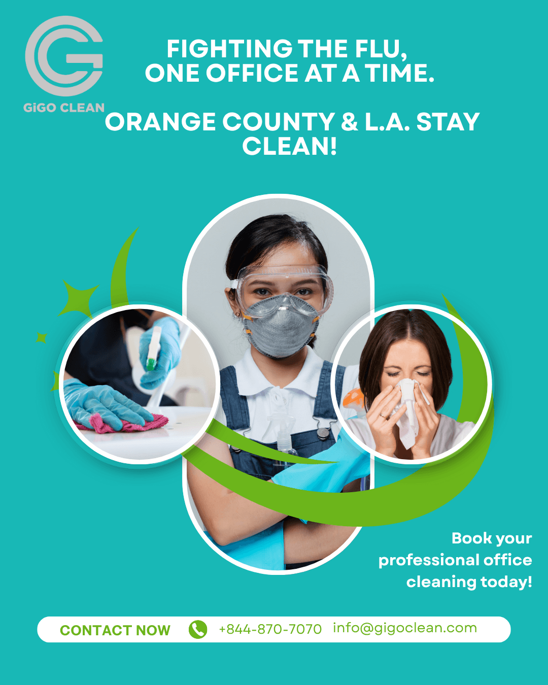 Gigo Clean team promoting flu prevention and office cleaning in Orange County and Los Angeles