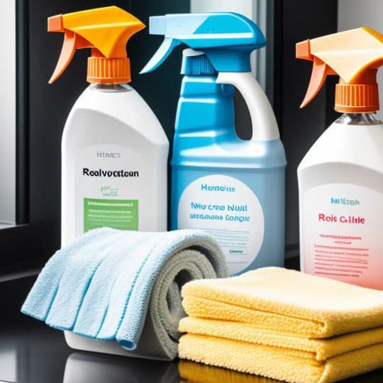 Various spray bottles with cleaning solutions and folded microfiber cloths arranged on a reflective surface.