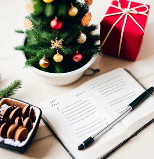 Small decorated Christmas tree next to a red gift box, an open notebook with a pen, and a tray of festive cookies on a wooden table.